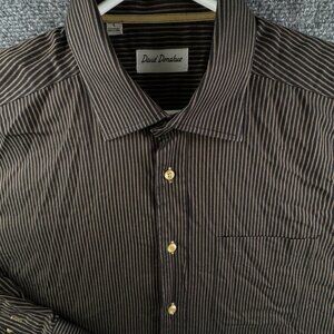 David Donahue Button Up Shirt Long Sleeve Striped Black Gold Large Cotton Men